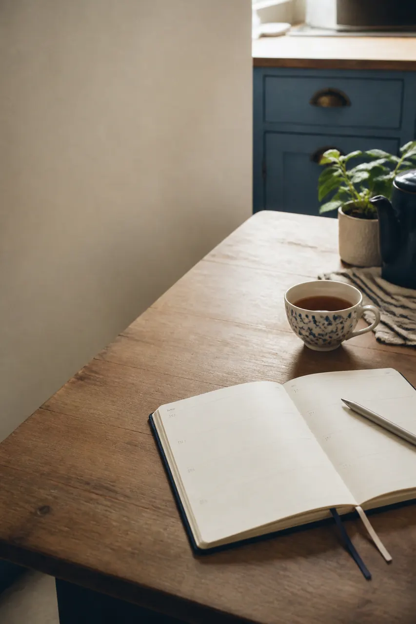 Caderno aberto e uma xícara sobre a mesa, pronto para o exercício