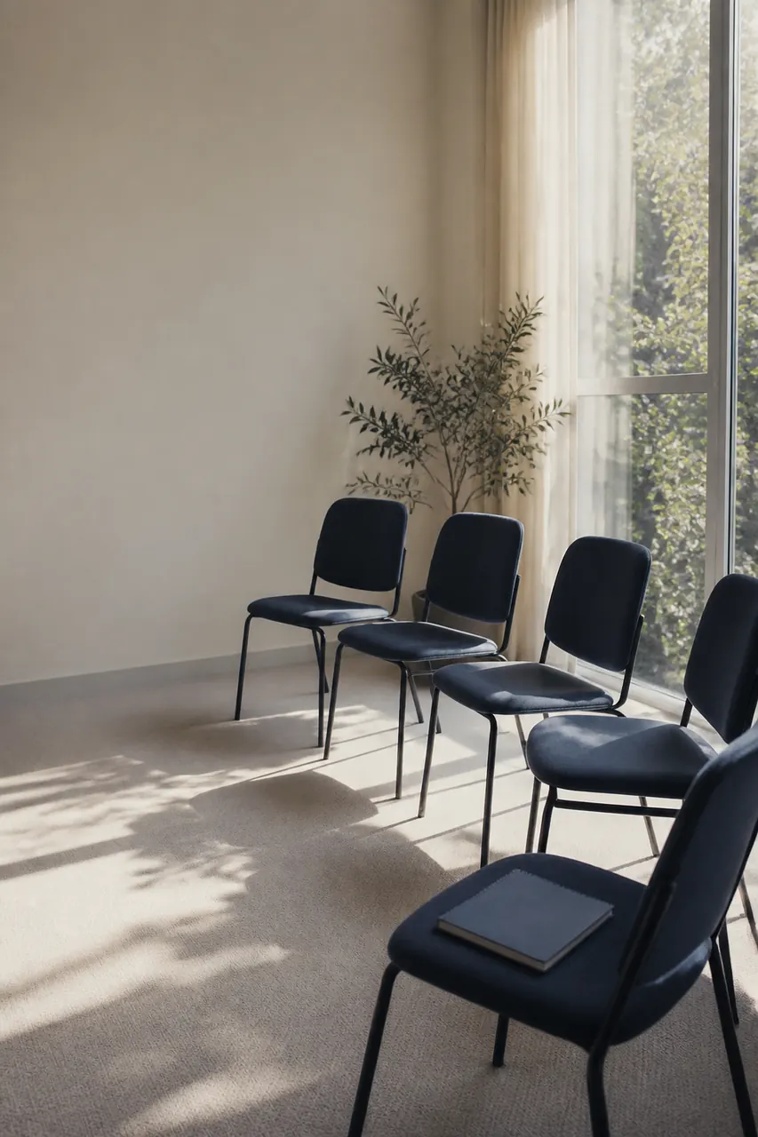 Cadeiras dispostas em uma sala clara, prontas para receber o público